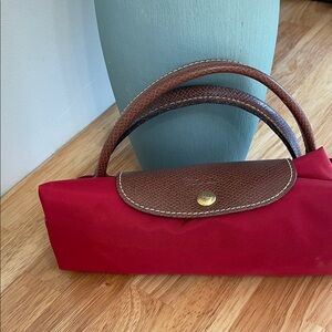 Longchamp Red Tote with Brown Handles